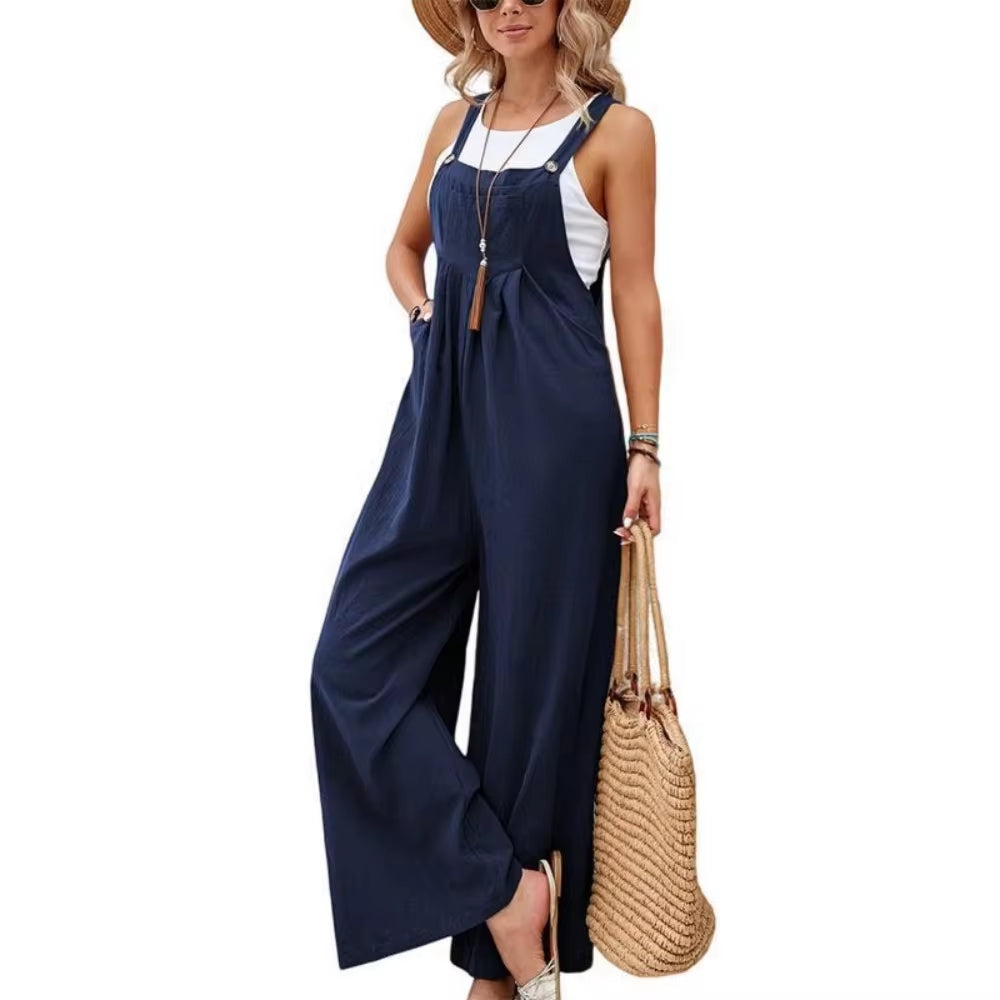 Summer Trendy New Pants Women Cotton Casual Jumpsuit Solid Multi-Color Wide Leg Straight Pants Office Lady'S All-Match Trousers